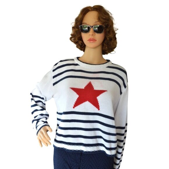 Vintage Liz Claiborne Lizsport y2k Navy White Red Star Stripe Sweater Size M - Picture 1 of 10
